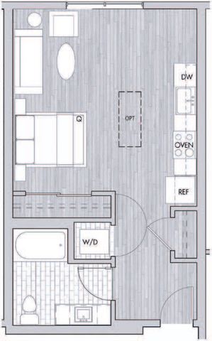 Chic open-concept apartment floor plan with a spacious bedroom, modern kitchen, and luxurious bath.