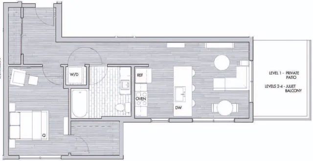 Modern apartment floor plan with one bedroom, open kitchen, dining area, spacious living room, and private patio.
