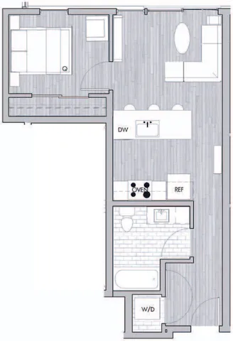 Contemporary one-bedroom apartment floor plan featuring open-concept living area, modern kitchen, and spacious bathroom.