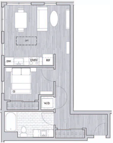 Modern urban oasis floor plan featuring an open-concept living room, kitchen with appliances, spacious bedroom, and luxury bath.