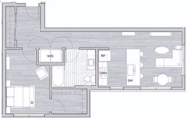 Contemporary one-bedroom apartment floor plan with open living area and modern kitchen.