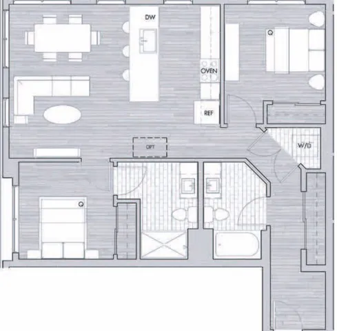 Contemporary floor plan with 2 bedrooms, open kitchen and living area, and 2 bathrooms.