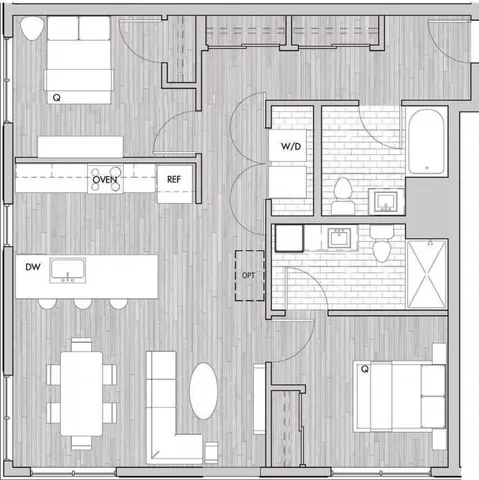 Contemporary two-bedroom apartment floor plan with open kitchen and living area, plus two bathrooms.