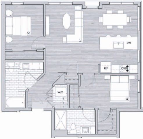 Spacious floor plan with 2 bedrooms, a large open living area, and modern kitchen layout.