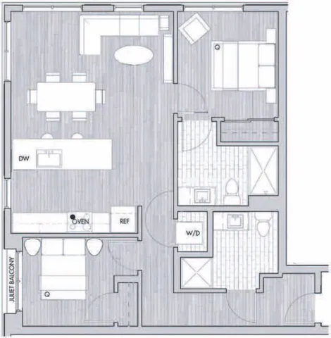 Stylish 1-bedroom apartment floor plan with open living and dining area, kitchen, balcony, and two bathrooms.