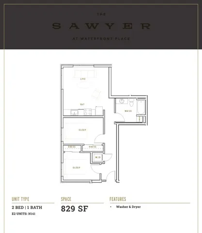 Elegant 2D floor plan of \'The Sawyer\' at Waterfront Place, featuring 2 bedrooms, a bathroom, an open living and dining area, and in-unit washer and dryer.