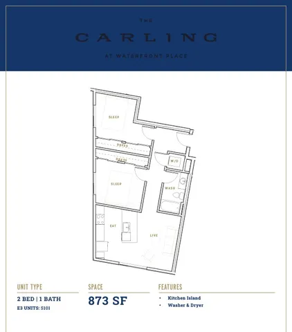 The Carling at Waterfront Place floor plan with two bedrooms, a bathroom, an open kitchen with an island, and living space in 873 square feet.