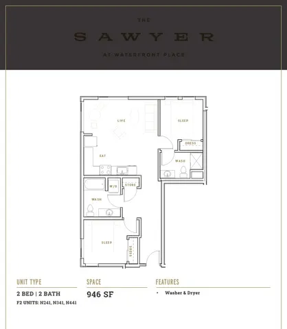 Elegant 2-bedroom floor plan at The Sawyer, Waterfront Place, featuring an open living area and modern amenities.