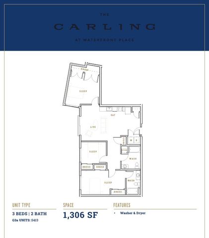 Detailed floor plan of The Carling, featuring 3 bedrooms and 2 bathrooms with an open-concept kitchen and living area, covering 1,306 square feet.