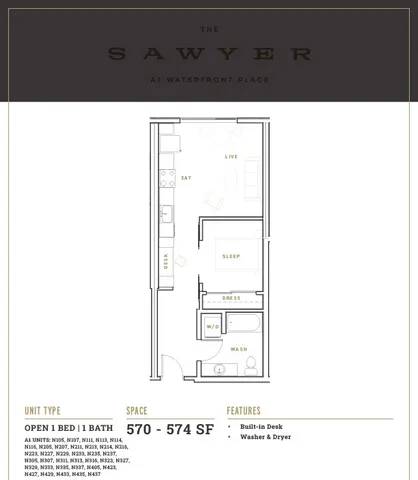 Floor plan of The Sawyer showing 1 bedroom, 1 bathroom, a modern kitchen, and living space.