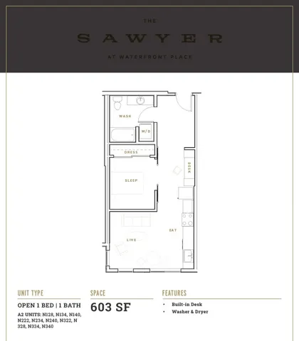 One-bedroom floor plan at The Sawyer with open living area and modern amenities, 603 square feet.