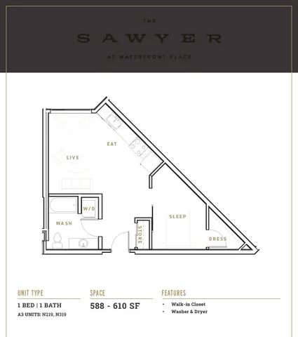 Contemporary floor plan at The Sawyer with 1 bedroom, 1 bathroom, open living and kitchen area, and in-unit washer and dryer.
