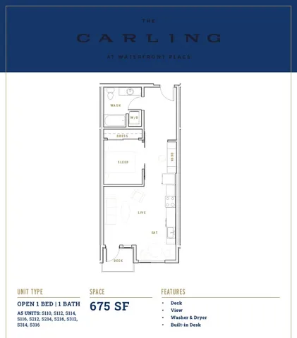 Efficient 675 SF floor plan with 1 bedroom, 1 bathroom, and modern amenities at The Carling.