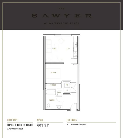 The Sawyer 1-bedroom, 1-bathroom open floor plan with a spacious 603 sq ft layout.