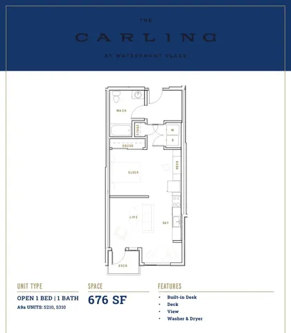 The Carling at Waterfront Place floor plan featuring an open 1 bedroom and 1 bath layout with 676 sq ft.