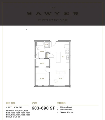 Detailed floor plan of The Sawyer featuring 1 bedroom, 1 bathroom, open-concept living and dining area with kitchen island, walk-in closet, and washer dryer unit.