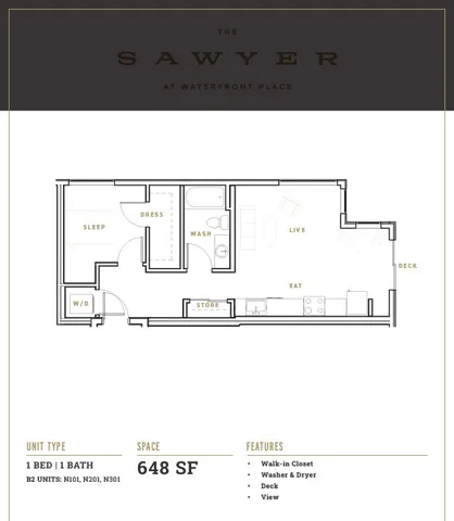 Elegant 1-bedroom floor plan at The Sawyer featuring modern amenities and a deck space.