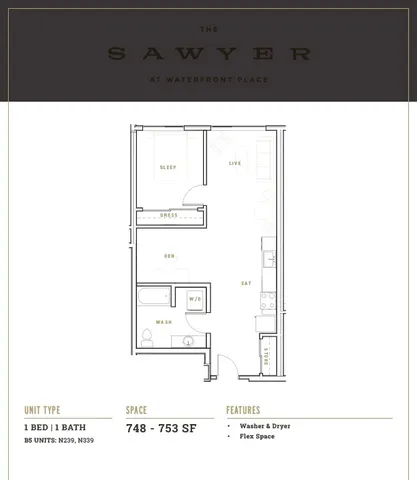 The Sawyer floor plan showing 1 bedroom, spacious living area, and modern kitchen at Waterfront Place.