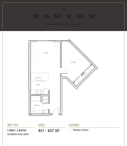 1-bedroom, 1-bathroom floor plan of The Sawyer at Waterfront Place with an open living area, kitchen, and washer-dryer.