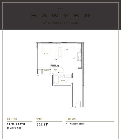 Modern floor plan of a 1-bedroom apartment at The Sawyer, featuring 1 bath, living area, and kitchen, covering 642 square feet.