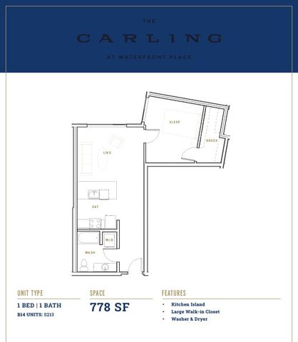 Elegant 1-bedroom floor plan at The Carling, featuring a spacious kitchen island, walk-in closet, and in-unit washer/dryer.