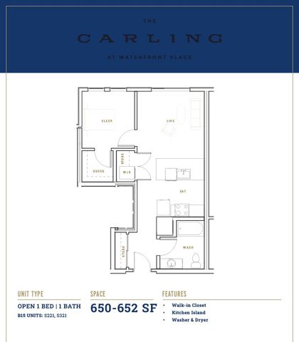 Detailed floor plan of The Carling featuring 1 bedroom, spacious living area, kitchen, and bath.