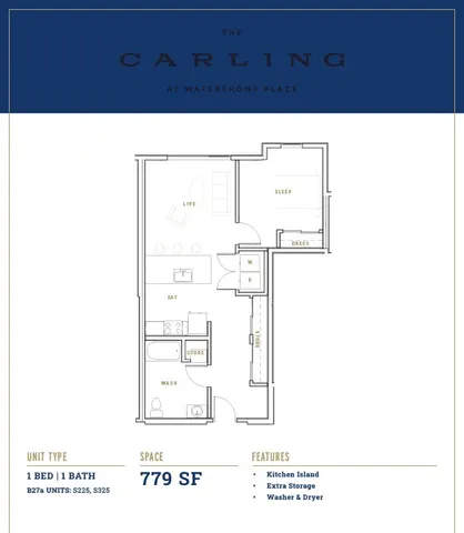 Elegant floor plan of The Carling at Waterfront Place, featuring 1 bedroom, open living-dining area, and modern kitchen.