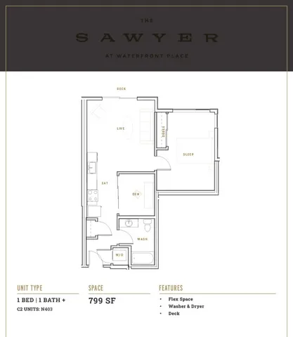 Elegant floor plan of The Sawyer featuring 1 bedroom, 1 bath, a sunlit living area, and an outdoor deck.