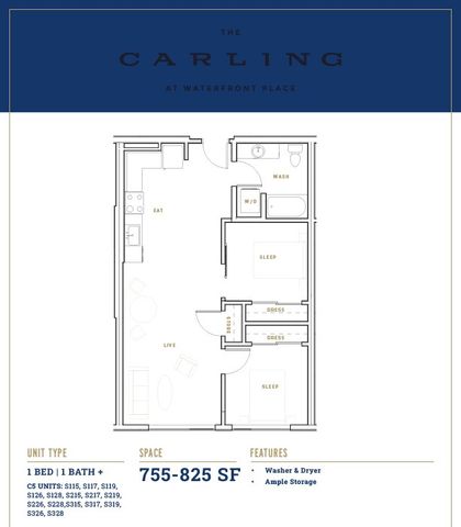Floor plan for The Carling at Waterfront Place, featuring a 1-bedroom, 1-bath layout with modern amenities.