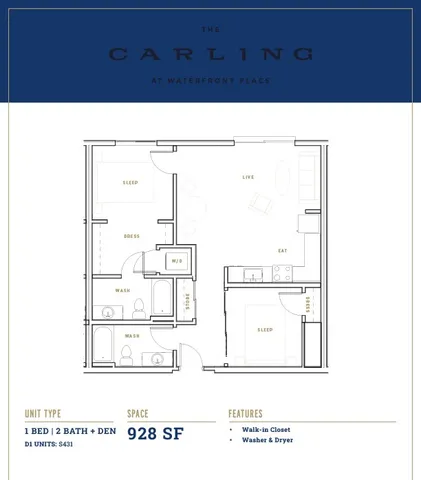 Floor plan of The Carling apartment featuring 1 bedroom, 2 baths, den, living area, and kitchen.