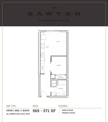 The Sawyer floor plan showcasing an open 1 bed, 1 bath layout with 569-571 sq ft. Includes a cozy living area, built-in desk, and washer & dryer.