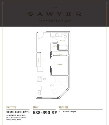 Modern 1-bedroom floor plan at The Sawyer with open kitchen, living area, and in-unit washer and dryer, covering 588-590 sq ft.