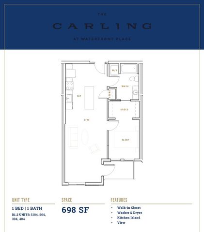 Sophisticated 1-bedroom, 1-bath floor plan with spacious living area, kitchen island, and walk-in closet, totaling 698 sq ft at The Carling.