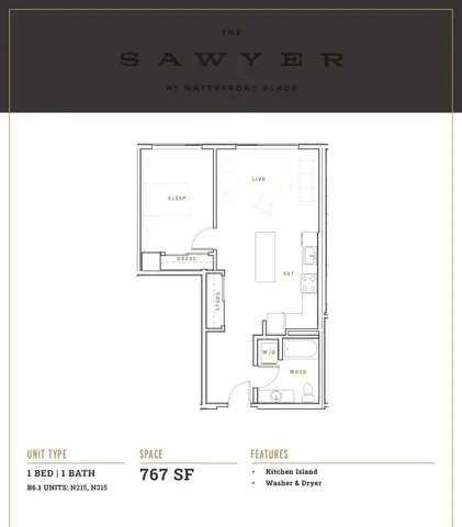 Chic 1-bedroom floor plan at The Sawyer featuring an open-concept living area, modern kitchen with island, and convenient washer and dryer in 767 sq ft.