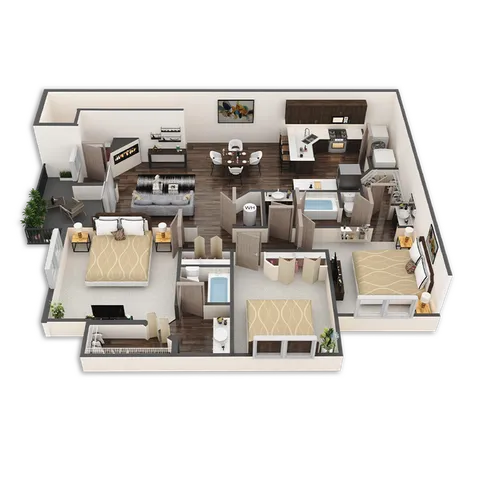 Modern 3D floor plan showcasing a spacious 3-bedroom apartment with open-concept living and dining area, and private balcony.