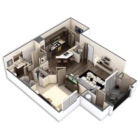 Elegant 3D floor plan showcasing a modern 1-bedroom apartment, featuring an open kitchen, cozy living area, and stylish bathroom.