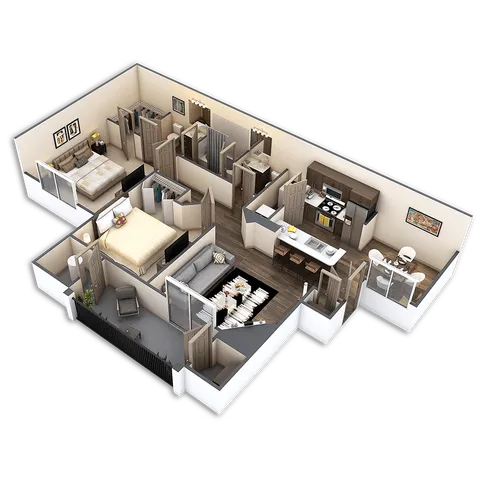 Modern 3D floor plan showcasing two cozy bedrooms, a sleek kitchen, and a stylish open living area.