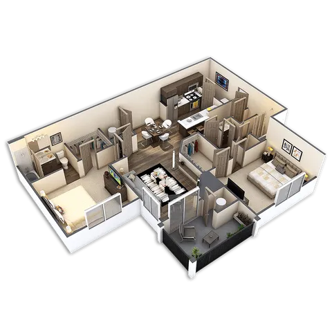 Modern 3D floor plan featuring two cozy bedrooms, an open-plan living and dining area, a sleek kitchen, and a private balcony for outdoor relaxation.