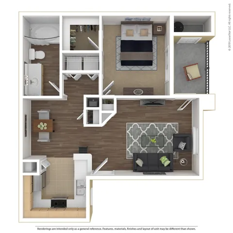 Modern 1-bedroom apartment floor plan with open-concept living and dining area, efficient kitchen, cozy bedroom, and private balcony.
