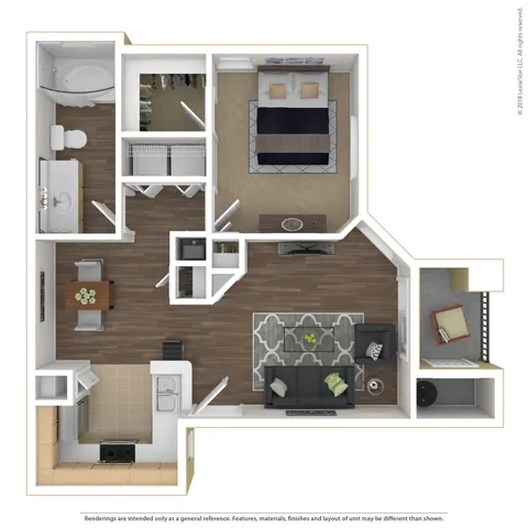 Modern floor plan highlighting 1 bedroom, elegant open living area, and well-equipped kitchen.