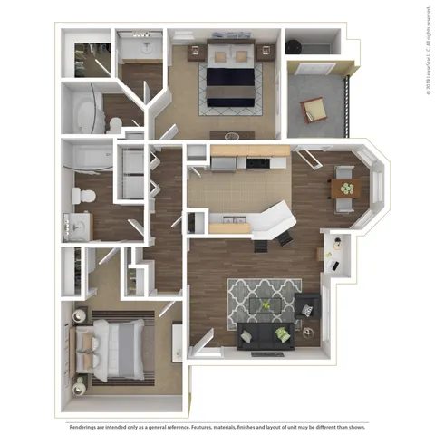 Contemporary 2-bedroom floor plan showcasing an open kitchen, inviting living area, and two modern bathrooms.