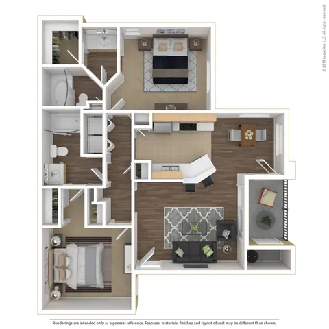 Modern 2-bedroom floor plan featuring an open-concept living and dining area, sleek kitchen with a breakfast bar, and private balcony.