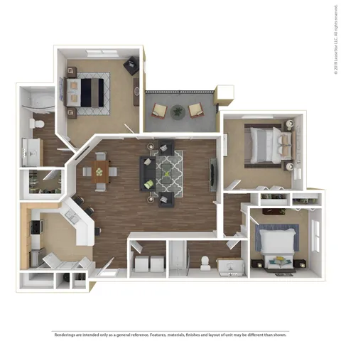 Elegant 3D floor plan showcasing 2 spacious bedrooms, modern open-concept living and dining area, fully equipped kitchen, and two bathrooms.