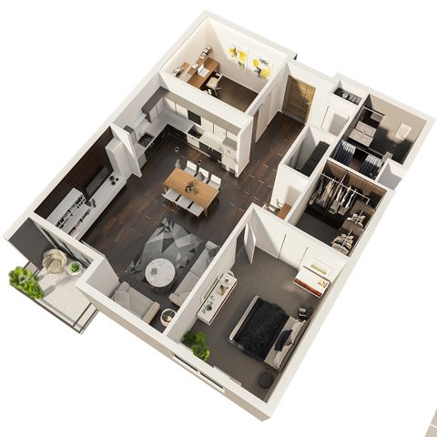 Modern 3D floor plan featuring a single bedroom, elegant open kitchen, spacious living area, cozy home office, and private balcony with greenery.