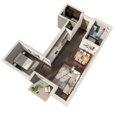 Modern 3D floor plan showcasing a chic one-bedroom apartment with an open living area, sleek kitchen, and a stylish bathroom, complemented by a cozy balcony.