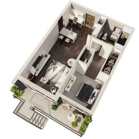 Chic 3D floor plan showcasing a modern one-bedroom apartment with sleek kitchen, cozy living area, and elegant outdoor patio.
