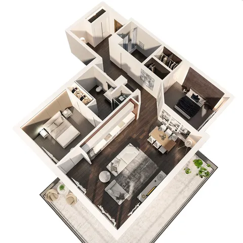 Modern 3D floor plan with 2 elegant bedrooms, spacious living area, and sleek dining space opening to a charming balcony.