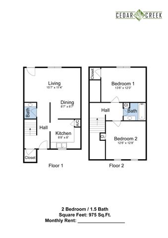 2 Bedroom, 1.5 Bath