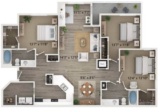 Three Bedroom Two Bath Floor Plan