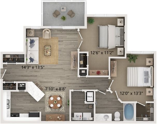Two Bedroom One Bath Floor Plan